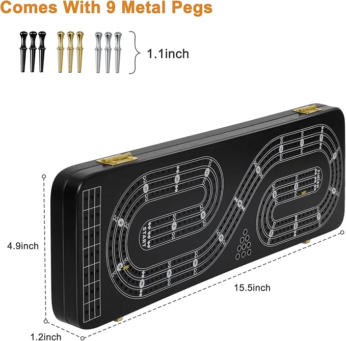 Cribbage Board Game Set 3 Tracks, 2 Storage Area, with 9 Metal Pegs,2 Decks of Playing Cards and Instruction, Wooden Travel Portable Cribbage Game Sets