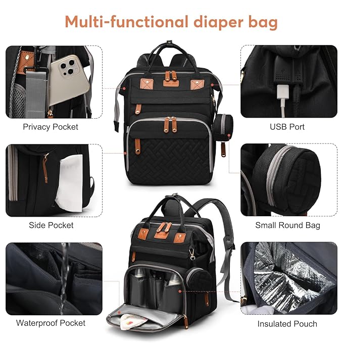 Diaper Bag Backpack with Changing Station, Large Diaper Bag For Boys And Girls, Multifunctional Waterproof Travel Diaper Backpack, Baby Bag with USB Charging Port for Moms Dads,black