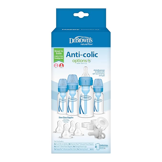Dr. Brown's Natural Flow Anti-Colic Options+ Narrow Breast to Bottle Pump & Store Feeding Set with Slow Flow Nipples, Baby Travel Caps and 100% Silicone HappyPaci One-Piece Pacifier, Blue