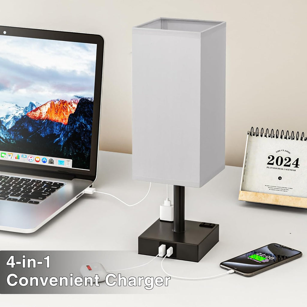 Touch Bedside Table Lamp For Nightstand - 3-Way Dimmable Night Lamp with USB A + Type C Charging Ports and two AC Outlets, Small Desk Light with E26 LED Bulb for Bedroom Living Room Office, Grey Black