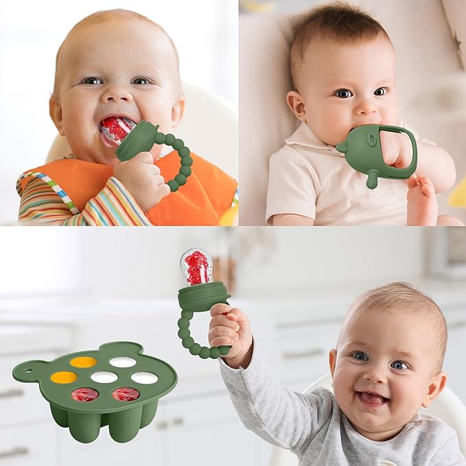 Baby Fruit Food Feeder Breastmilk Popsicle Molds for Teething Relief - 3 Pack Feeding Sets -1 Freezer Tray with Lid & 1 Teether Toy & 1 Silicone Pacifier + 3 Extra Sizes Infant Feed Mesh (Olive Green)