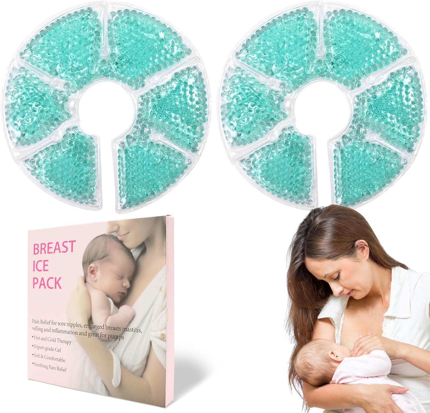 Breast Therapy Ice Packs, Hot and Cold Breast Pads, Breastfeeding Essentials Large Gel Bead Packs for Moms, 2 Pack (Teal, M)
