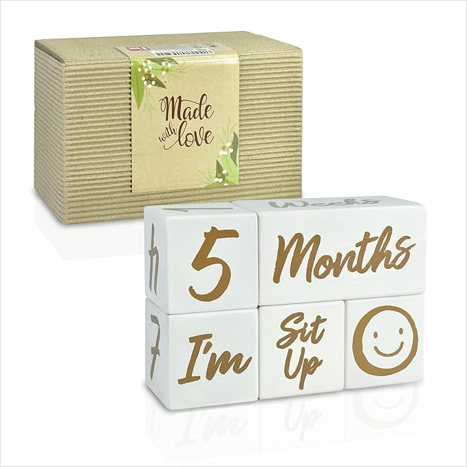 I'm Solid Wood Weekly Monthly Yearly Baby Milestone Age Blocks, Gender Neutral, Newborn Gifts & Keepsakes for Picture Props (5 Pcs/White)
