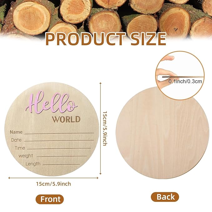 Baby Announcement Sign, 5.9 Inch Wooden Hello World Newborn Signs, Birth Announcement Sign, Baby Shower Hospital Nursery for Newborn Boys and Girls (Light Pink,Pen)