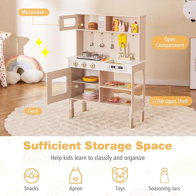 HONEY JOY Kids Kitchen Playset, Wooden Play Kitchen for Toddlers, Microwave, Range Hood, Ice Maker, 18 Cooking Accessories, Little Chef Pretend Play Toy Kitchen Set, Gift for Boys Girls, Pink