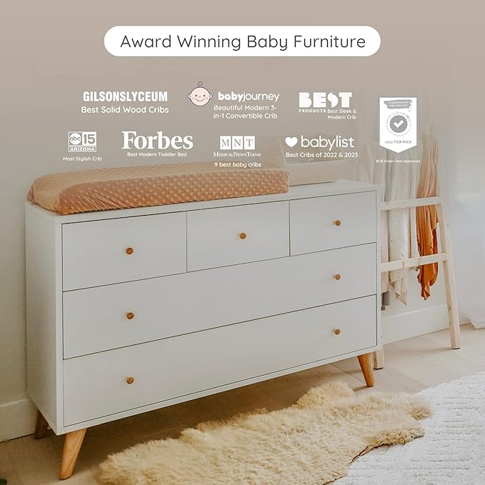 dadada Austin 5-Drawer Dresser for Nursery and Bedroom - Modern Design, Large Storage, Baby-Safe Finish, Anti-Tip Safety, Solid Wood Feet, Durable Construction (White+Natural)