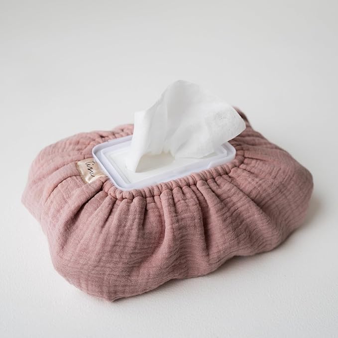 Baby Wipes Cover – Universal Size, One Size Fits All Wipes Packages | Muslin Cotton Tissue Cover for Nursery, Diaper Bag & Changing Table, Station | Gingham & Neutral Patterns (Blush)