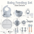O'doe 17-Piece BPA-Free Silicone Baby Feeding Set | Thick & Soft Suction Plates, Baby Bowls, Wooden Fork & Spoon, and More | Make Mealtime Fun and Easy for Your Little One (Grey, V2)