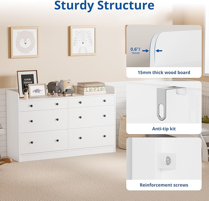 Cozy Castle Baby Dresser with 6 Drawers and Large Table Top, Multi-Functional Chest of Drawer, Drawer Dresser with Three-Sided High Rails for Nursery, Children's Room, Bedroom, White