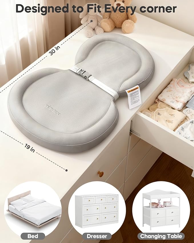 Baby Changing Pad with Waterproof & Wipe-Clean, Non-Slip Foldable PU Diaper Changing Pad, Adjustable Safety Belt, Changing Pad for Dresser, Changing Table,30"X19",Gray