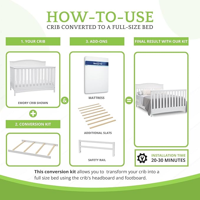 Full-Size Conversion Kit Bed Rails Compatible with Delta Children Convertible Cribs - Solid Wood Rail #0050 - Toddler & Adult Bed Rail for Full-Size Beds - Baby Furniture (White - 100)