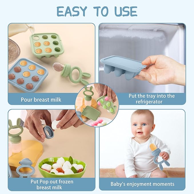 WAJIAYON Baby Breastmilk Popsicle Molds & Baby Fruit Feeder (2 Pack), Baby Food Freezer Tray Storage Containers, Silicone Teething Pacifier Feeder and Teether for Babies,Baby Feeder - Blue