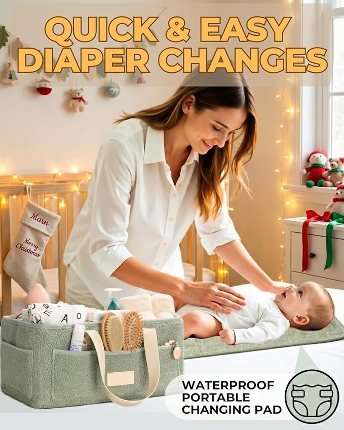 Baby Diaper Caddy Organizer with Portable Changing Mat - Teddy Fleece Diaper Organizer for Changing Table - Basket for Changing Essentials - Baby Essentials Organizer with Removable Dividers