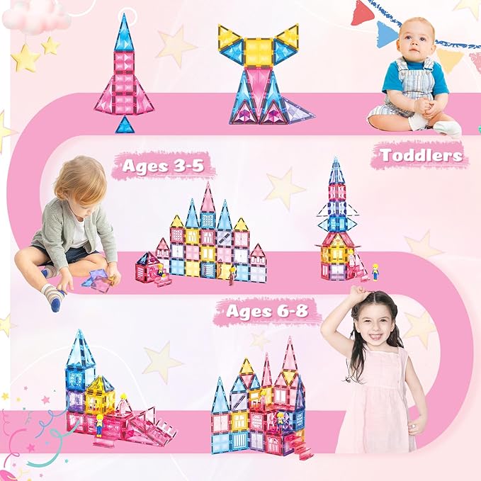 Pink Castle Magnetic Tiles for Kids Ages 3-8, 3D STEM Toys with Sparkling Building Blocks, Creative Educational Gift for Boys and Girls, Preschool Learning Toys for Birthday