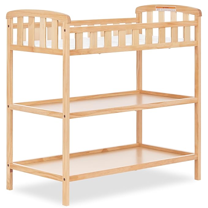 Dream On Me Emily Changing Table, Compact and Portable, Solid New Zealand Pinewood, Safety Rails, Two Storage Shelves, Includes Water-Resistant 1" Changing Pad — Natural