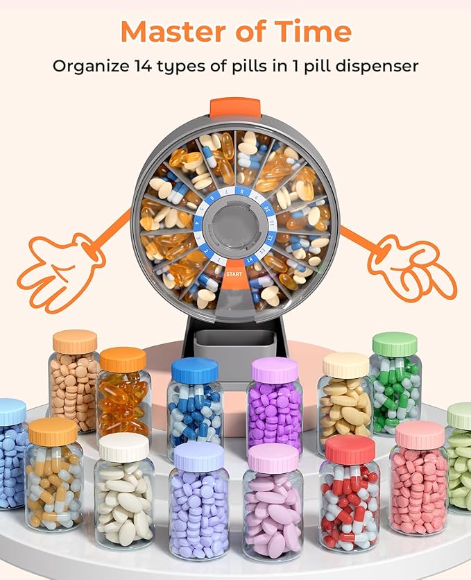 Daviky Pill Dispenser Daily, Large Pill Organizer with Wall-Mounted or Standing Use, 14 Days Pill Container, Push Button Design, Weekly Pill Box for Vitamin, Medicine,Supplement, Fish Oil(Gray)