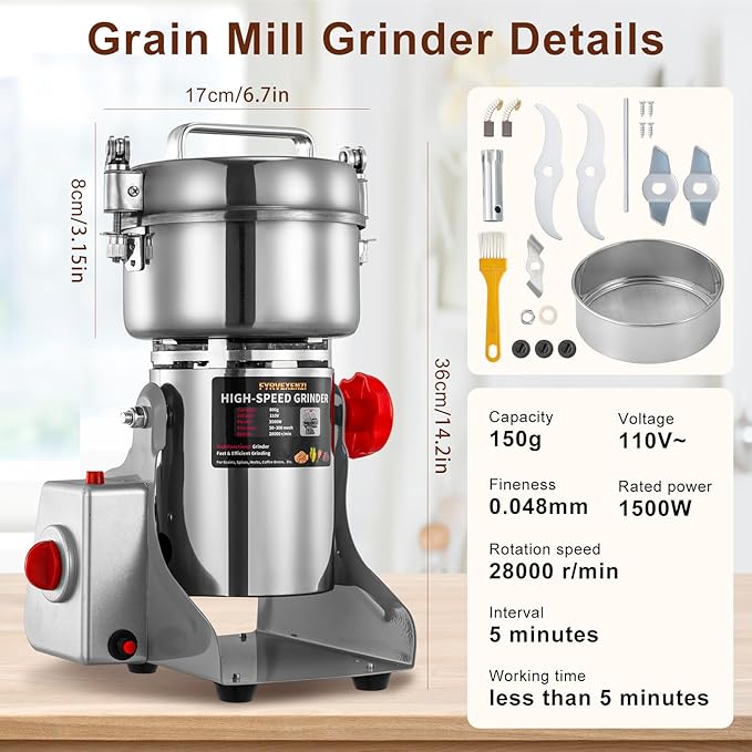Electric Grain Grinder – High-Speed 800g Stainless Steel Food Mill & Pulverizer for Nuts, Rice, Grains, Herbs & Spices – Flour, Wheat Berry & Nut Crusher for Home & Commercial Kitchens
