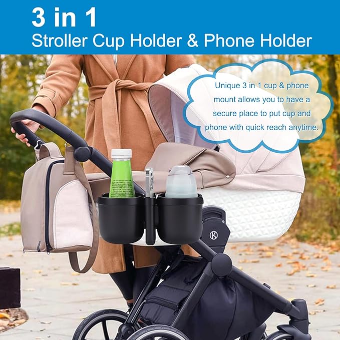 Accmor Stroller Cup Holder with Phone Holder, Universal Cup Holder for Uppababy Nuna Doona Strollers, 2-in-1 Bottle Phone Holder for Bike, Wheelchair, Walker, Scooter
