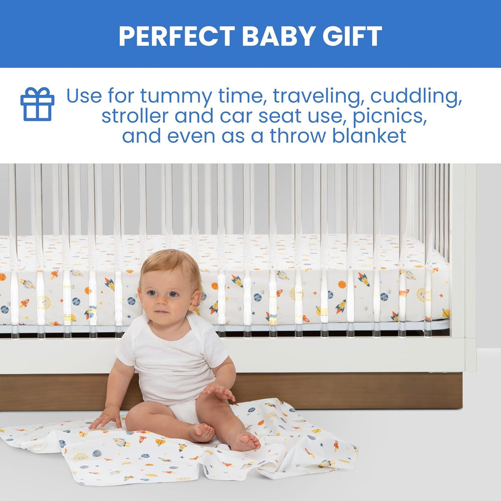 Delta Children 100% Cotton Flannel Baby Receiving Blankets for Girls and Boys – 30x30 Inches (Pack of 4), Space Exploration