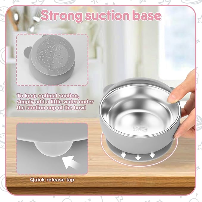 2 Pack Stainless Steel Baby Bowls with Suction, Toddler Bowls with Removable Silicone Shell for Kids, Non-Slip Toddler Baby Feeding Set Dishwasher Safe-Gray & Red