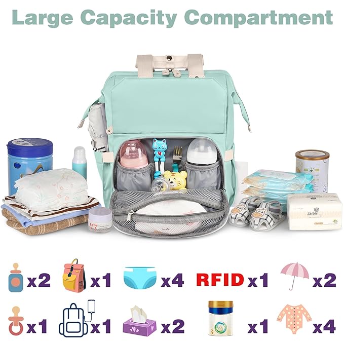 Jiefeike Diaper Bag Backpack,Green diaper bags for baby girl boy, girl diaper bag backpack, Insulated Pockets Portable toddler diaper bag with USB Charging Port, RFID Anti-Theft Pocket