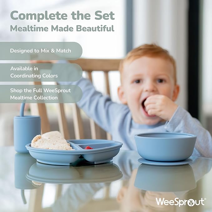 WeeSprout Suction Bowls for Baby & Toddlers (Set of 2) - 100% Silicone w/Plastic Lid - Leak Proof Feeding Supplies - Dishwasher & Microwave Safe Infant Dinnerware w/Extra Strong Base