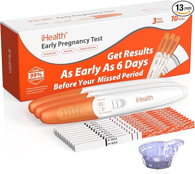 Pregnancy Test Strips Kit with Cup, iHealth Early Detection High-Sensitivity HCG Tests Detect 6 Days Sooner, Over 99% Accurate, Individually Wrapped, Includes 3 Sticks + 10 Strips, Pruebas de Embarazo