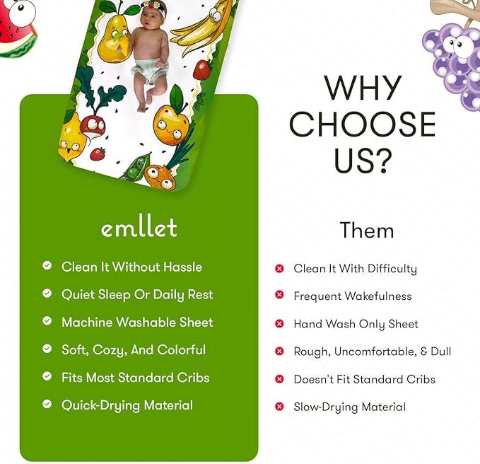 100% Cotton Fitted Crib Sheet, Happy Harvest Fruit and Veggie Theme, Breathable Baby Nursery Bedding, Standard 52 x 28 in Crib Fit