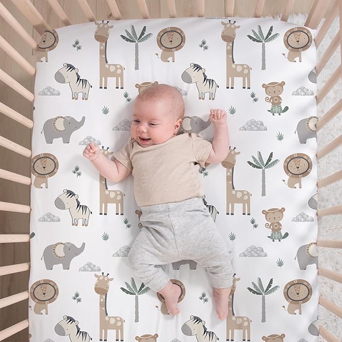 The Peanutshell 4 Piece Organic Cotton Baby Crib Bedding Set for Boys & Girls - Newborn, Infant & Toddler Nursery Bed Set Decor with Two Crib Sheets, Dust Ruffle Comforter - Safari Serenity