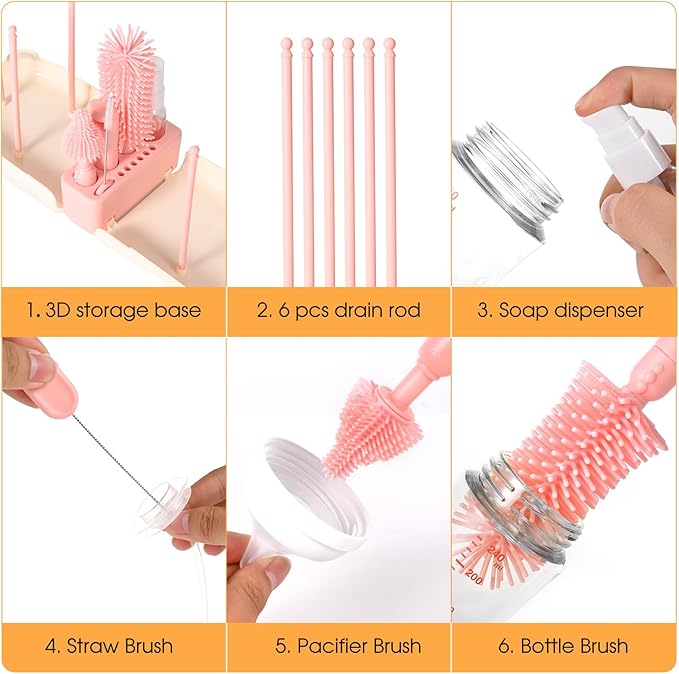 Portable Baby Bottle Brush Set - 7 in 1 Baby Bottle Cleaner Kit, Baby Travel Essential Bottle Washing Kit with Silicone Bottle Brush, Nipple Brush, Straw Brush, Drying Rack for Home and Travel (Pink)