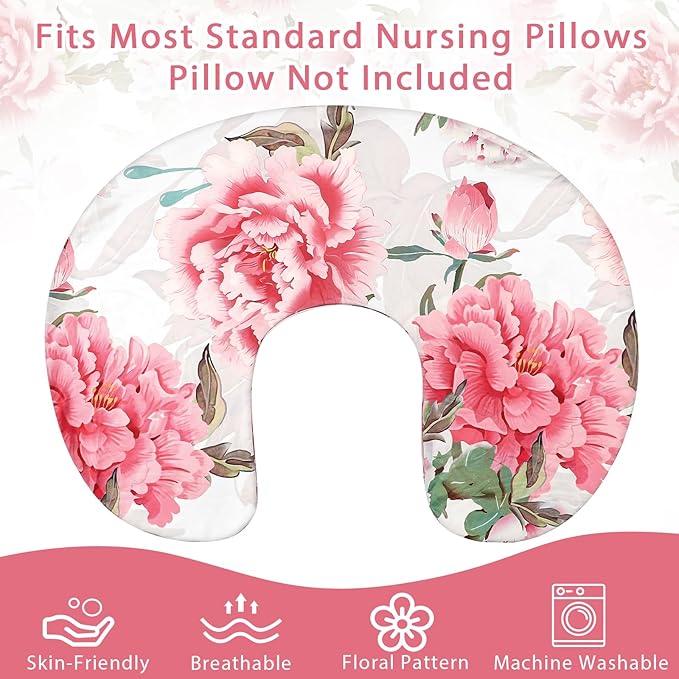 Nursing Pillow Cover, Breastfeeding Pillow Cover Stretchy Removable Feeding Pillowcase for Newborn, Ultra Soft and Comfortable Nursing Pillow Slipcover for Baby Girls Boys, Pink Peony Floral
