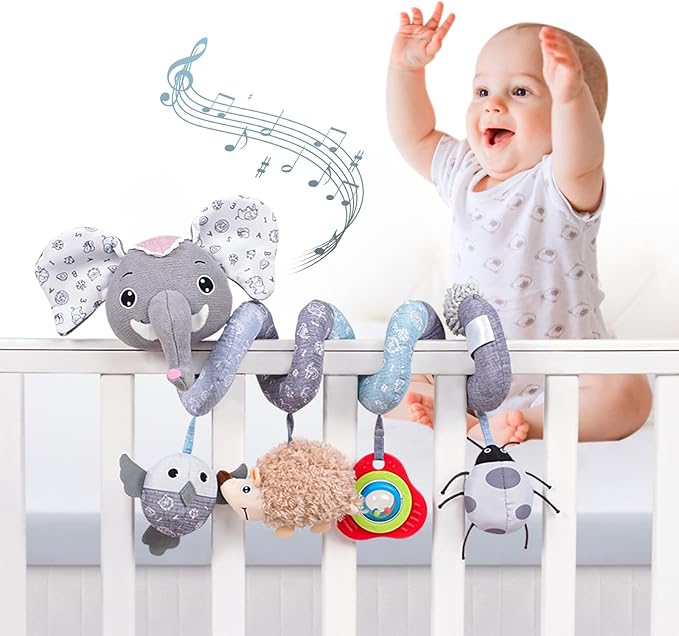 Jollybaby Baby Car Seat Stroller Toys, Plush Activity Hanging Spiral Activity Pram Crib with Music Box, Rattles, Squeaker for Babies Infant Boys Girls (SZ Gray Elephant)