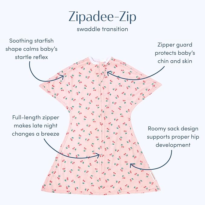 SleepingBaby Zipadee-Zip Transition Swaddle - Cozy Baby Swaddle Blanket with Zipper Convenience - Roomy Wearable Blanket for Easy Diaper Changes - Cherries, Medium (6-12 Month)