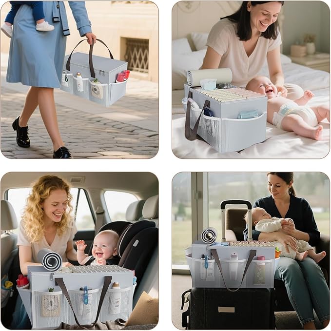 2 In1 Baby Diaper Caddy Organizer & Storage Cart, 3-Tier Rolling Diaper Organizers with Divider and 12 Pocket，Nursery Bedside Caddy Utility Cart for Baby Clothes & Dresser Baby Bottle -Baby Essential