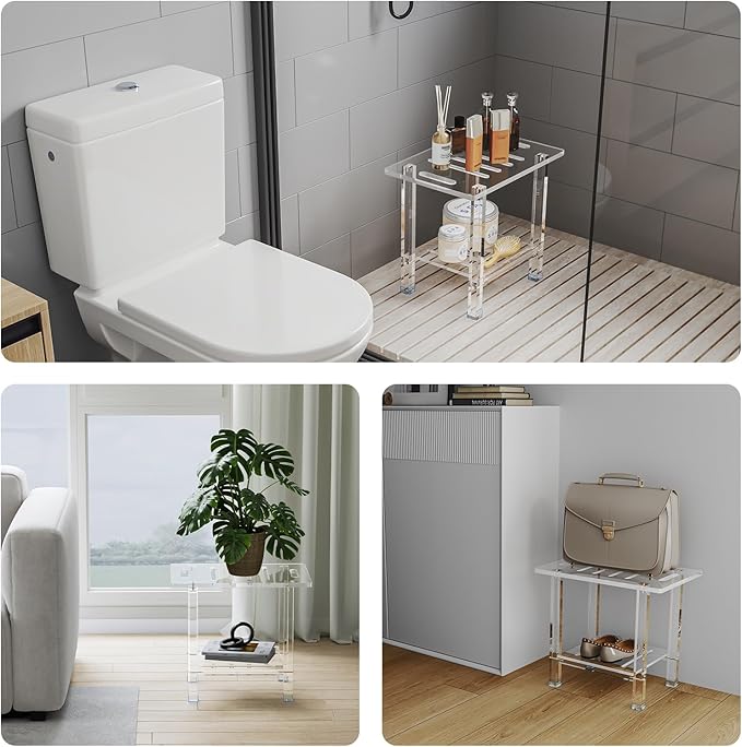 Sumerflos Acrylic Shower Bench for Inside Shower - 18.58" L x 12.60" W x 16.34" H Bathroom Shower Stool with Storage Shelf Heavy Duty (Hold Up to 400lbs) for Shaving Legs Waterproof Non-Slip