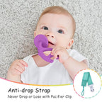 Mombella Baby Teething Toys for Babies 3 6 12 Months with Attachment to Clip on, Soft Silicone Teether Toys, 2 in 1 Elephant Teethers & Pre-Training Toothbrush, 9 Month Old Infant Chew Toys, Purple