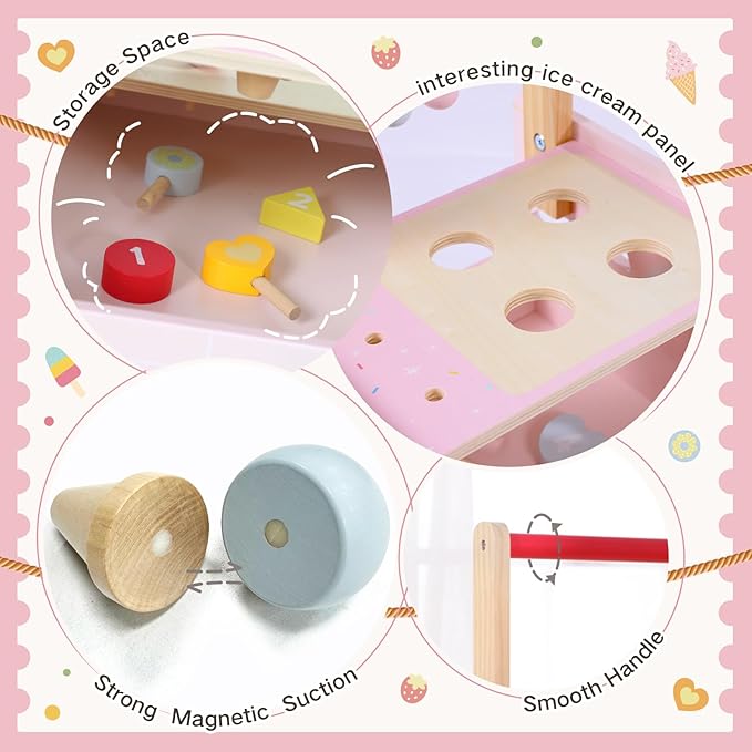 labebe Wooden Baby Walker, Push Activity Walker for Kids 12M+, Multifunctional Ice Cream Cart Activity, Adjustable Speed Learning Walking with Wheels, Birthday Gift for Girls Boys Ages 1-3 (Pink)