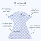 SleepingBaby Zipadee-Zip Transition Swaddle - Cozy Baby Swaddle Blanket with Zipper Convenience - Roomy Wearable Blanket for Easy Diaper Changes - Lavender Check, X-Small (3-6 Month)
