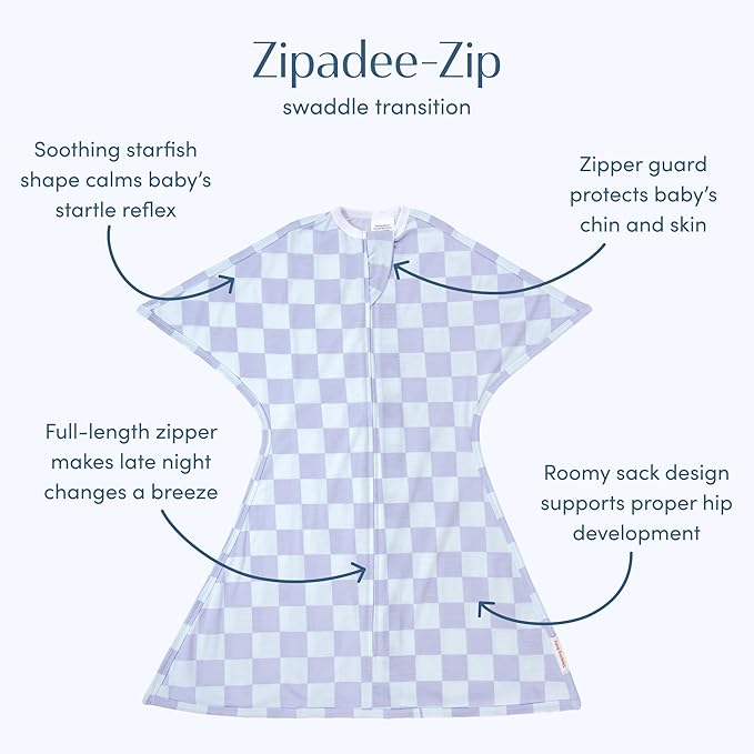 SleepingBaby Zipadee-Zip Transition Swaddle - Cozy Baby Swaddle Blanket with Zipper Convenience - Roomy Wearable Blanket for Easy Diaper Changes - Lavender Check, X-Small (3-6 Month)