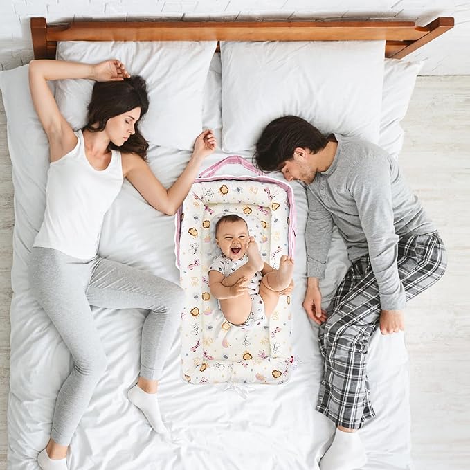 Baby Lounger for Tummy Time Portable,Baby Play mat with Strap,Newborn Lounger Inner Zipper for Boys Girls 0-24 Months,Animal World Pink