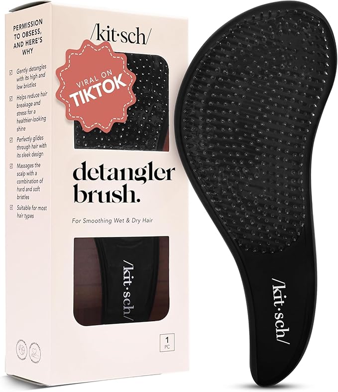 Kitsch Detangler Brush – Gentle Curly Hair Brush with Flexible Bristles for All Hair Types - Wet or Dry | Detangling Hair Brushes for Women & Men, Adults & Kids - Black