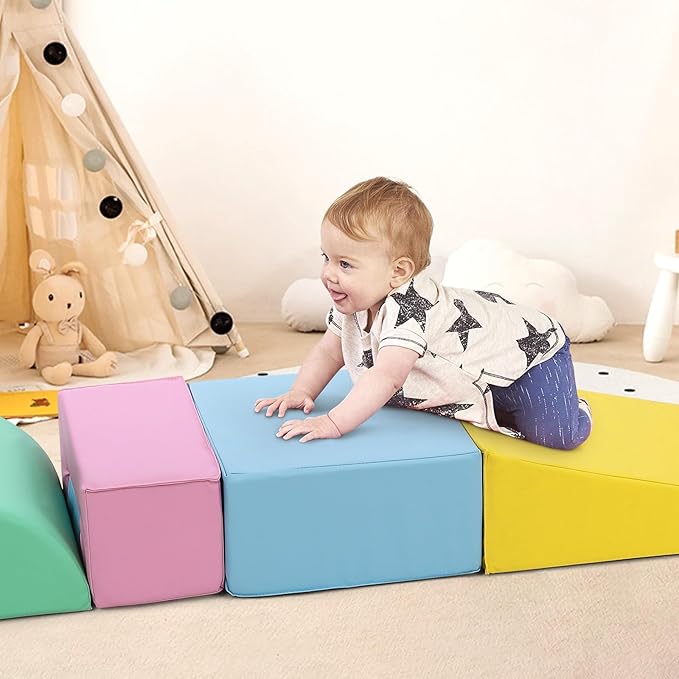 6-Piece Soft Toddlers Climbing Toys, Baby Foam Climbing Blocks for Babies Toddlers, Waterproof Foam Play Gym Climber Structures for Toddler 3, Indoor Climb and Crawl Activity Play Set (Suede Fabric)