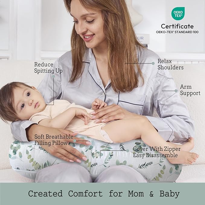 Little Grape Land Nursing Pillow, Soft 100% Cotton Breastfeeding Pillow with Breathable Muslin Removable Cover, Green Leaves Breast Feeding Pillows for Babies 0-12 Months with Protective Zipper