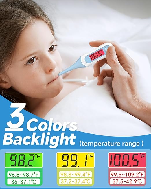 Oral Thermometer with 8s Fast Reading, 3 Colors Backlit, Fever Alert, High Accuracy Medical Basal Thermometer for Adults and Kids, Baby Digital Thermometer for Oral, Rectal, Armpit(Blue)