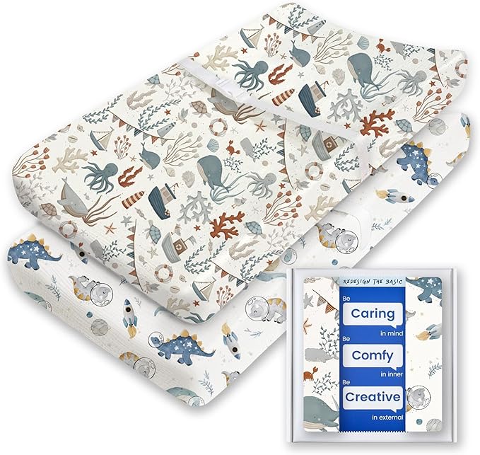 Extra Stretchy Changing Pad Cover, TotBasic Ultra Soft Premium Jersey Knit Changing Pad Sheets, Unisex for Boys Girls, Fits All Standard Changing Tables/Dresser Tops - 2 Pack (Dino + Whale)