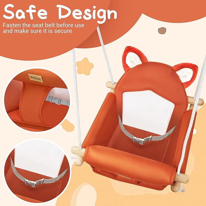 Wooden Baby Swing with Soft Safety Belt, Cozy Infant Swing Seat for Indoor & Outdoor Use, Adjustable Height, Includes Mounting Hardware – Suitable for Babies & Toddlers（Fox-Themed in Red）