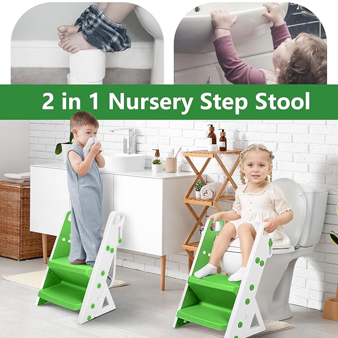 Potty Training Seat, Upgrade Foldable Step Stool, Climbable and Easy to Carry Handles, Adjustable for Different Toilet Heights, Attachment with Stable Structure for Boys and Girls