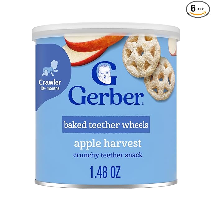 Gerber Baked Teether Wheels, Apple Harvest Crunchy Teether Snack, Baby Crackers, 6PK
