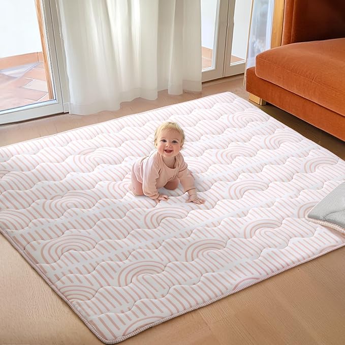 Soft Thicker Baby Mat for Floor 71"x59", Extra Large Baby Play Mat, Non-Slip Playpen Mat, Easy to Clean & Portable Playmat, Crawling Mat for Babies Toddlers, Activity Mat, Rainbow, Pink