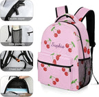 Cherry on Pink Custom Kids Backpack 16.5 Inch for Boy Girl, Personalized Waterproof Child School Travel Bag with Name